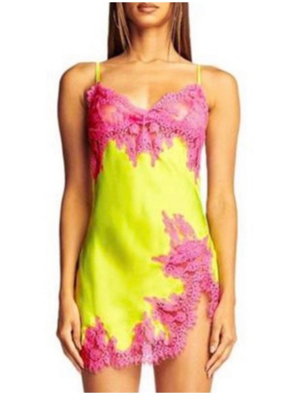 I.AM.GIA Neon Yellow & Hot Pink Lace Satin Chemise Slip dress